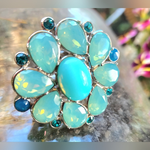 DIOR GLAM Turquoise Blues Silver MEGA Sparkly Rhinestones Gaudy Cocktail RING 2" - Picture 6 of 16